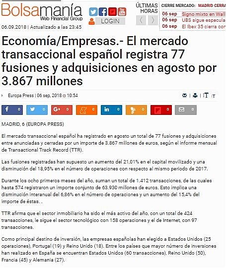 El mercado transaccional espaol registra 77 fusiones y adquisiciones en agosto por 3.867 millones